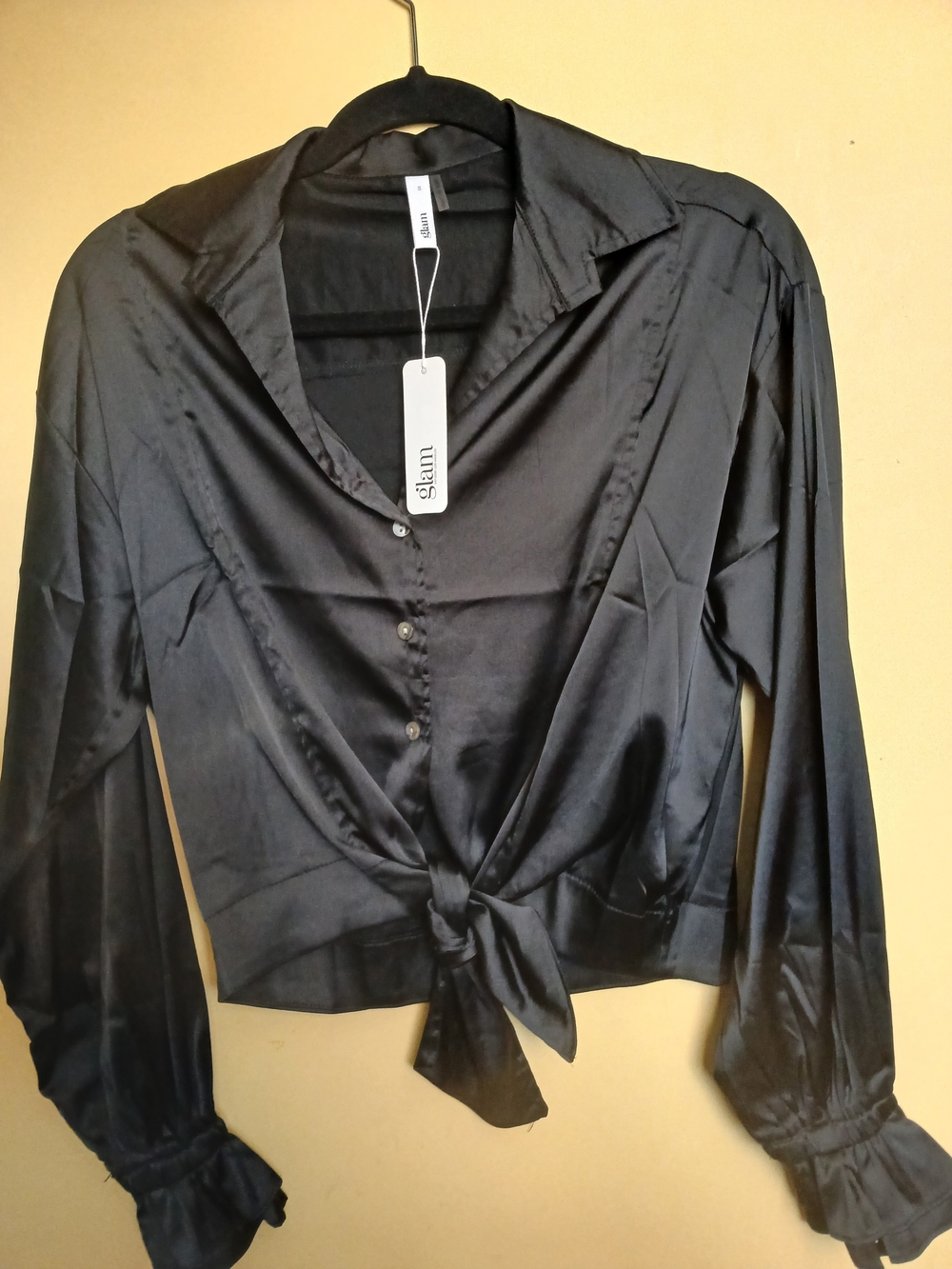 glam Black Satin Tie-Front Button Down Shirt